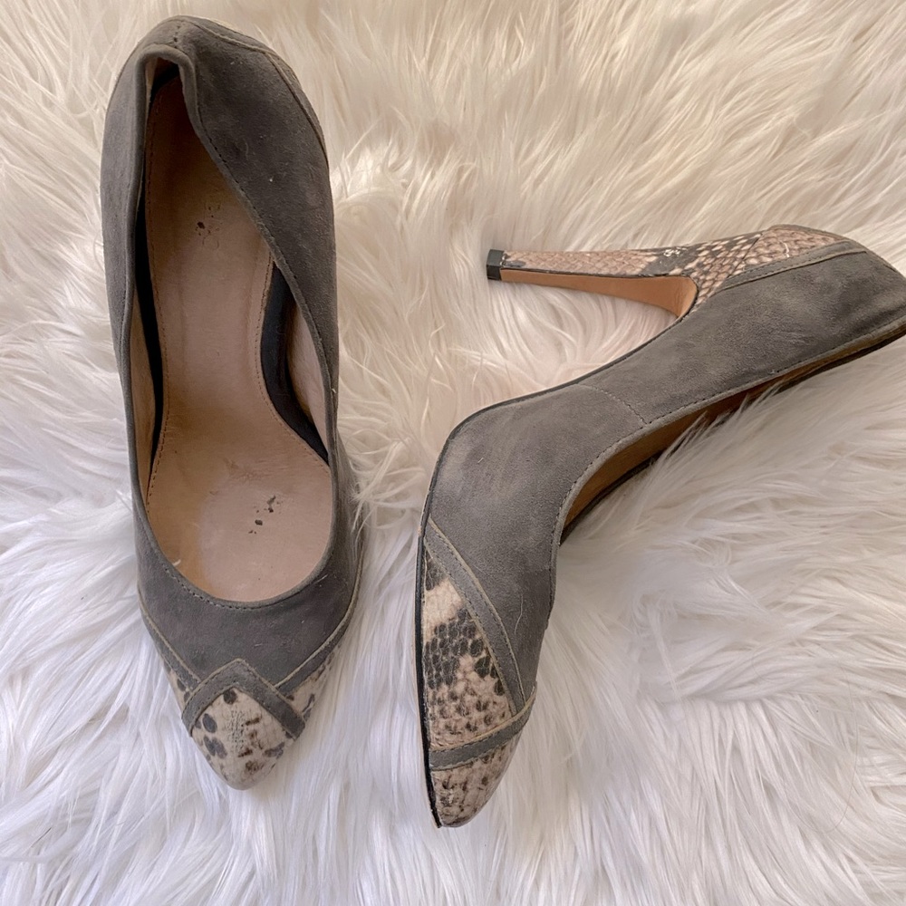 Madison Harding Gray Suede/Snake Print Pumps